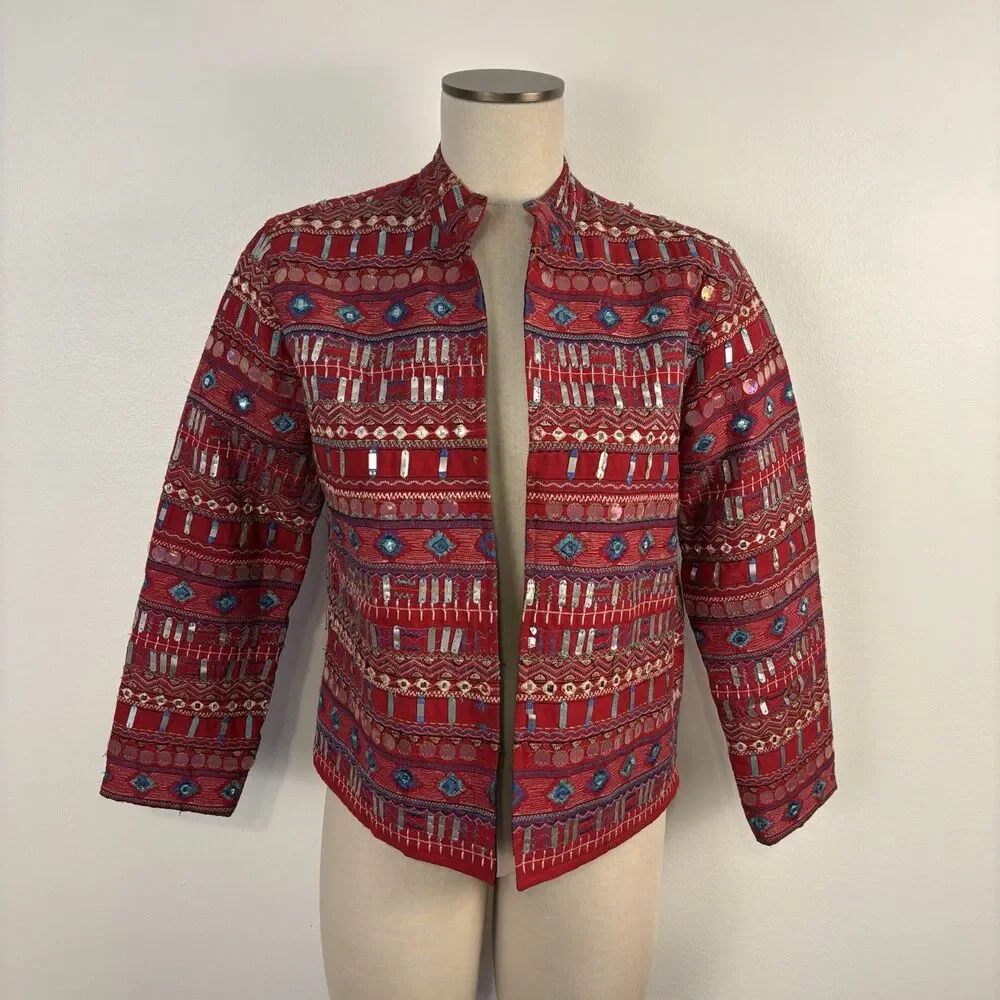 Chico's Womens Small Jacket Open Front Embroidered & Sequin Accents Art to Wear